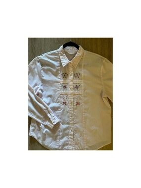 Vintage pink pinstripe embroidered florals button front blouse top shirt